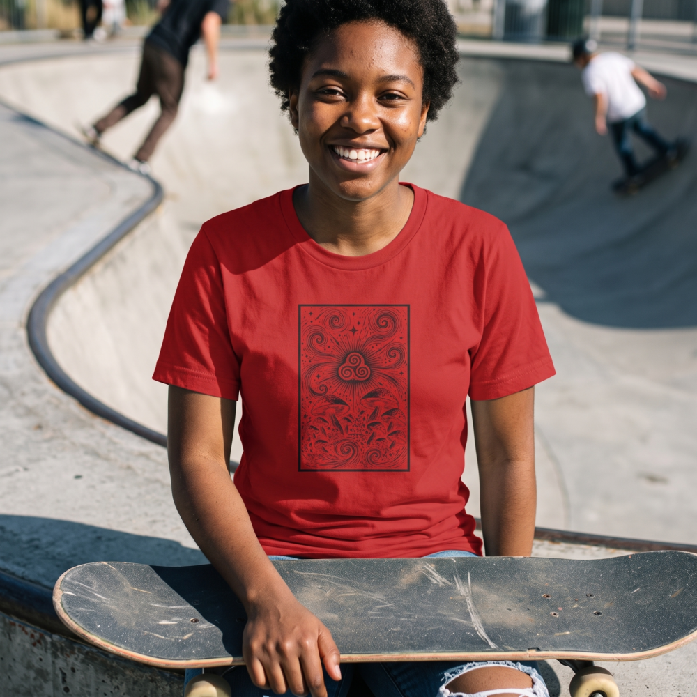 Mushroom Triskelion (Dark), Women's Tee — skatepark red 20261004 040901