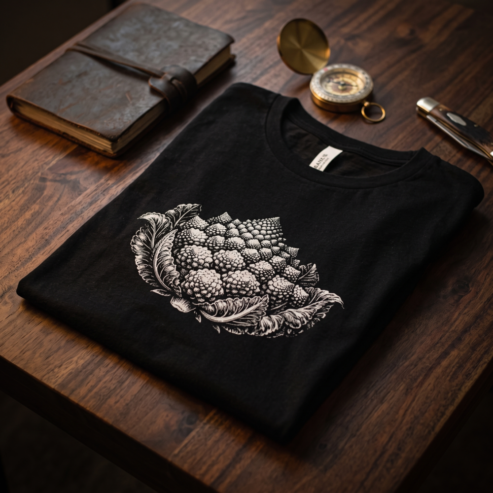 Romanesco Broccoli, Women's Tee — flatlay rugged black 20261004 032056